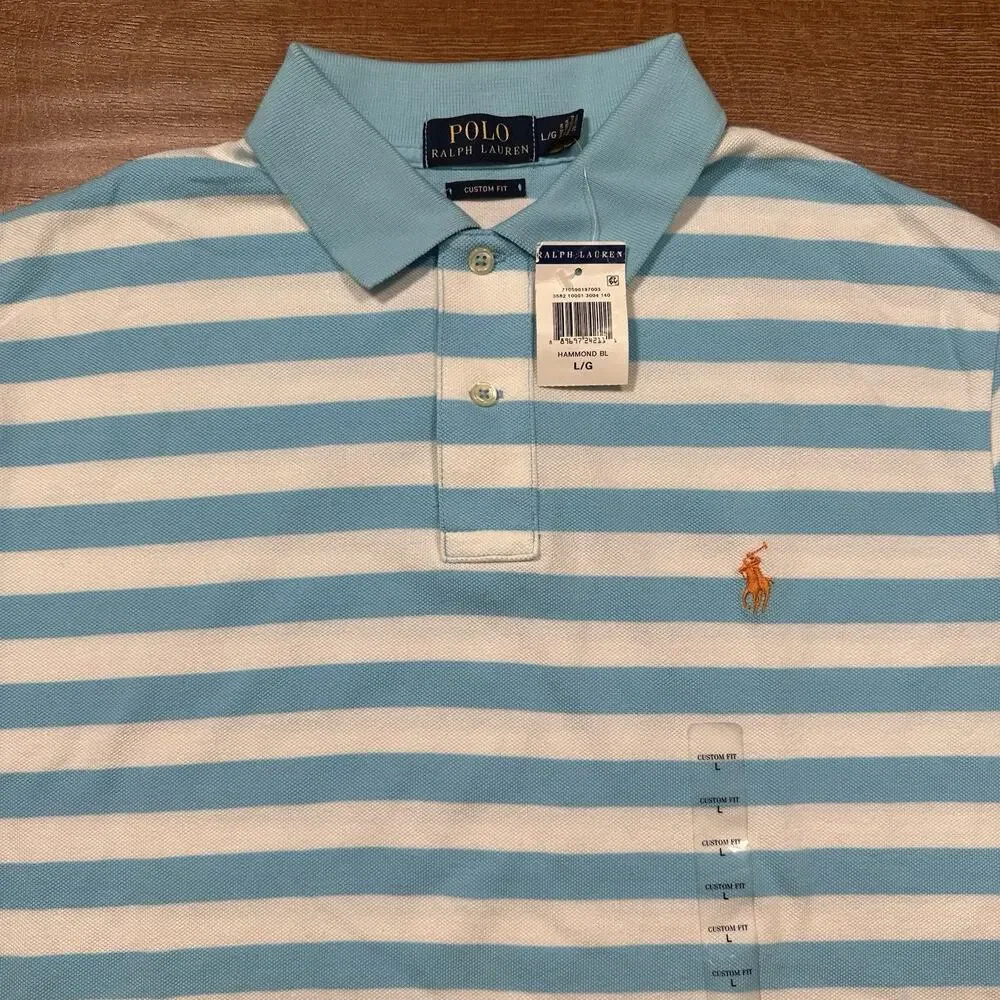 Ralph Lauren Polo Shirt Mens L Blue Stripe Short Sleeve Custom Fit Preppy Pony